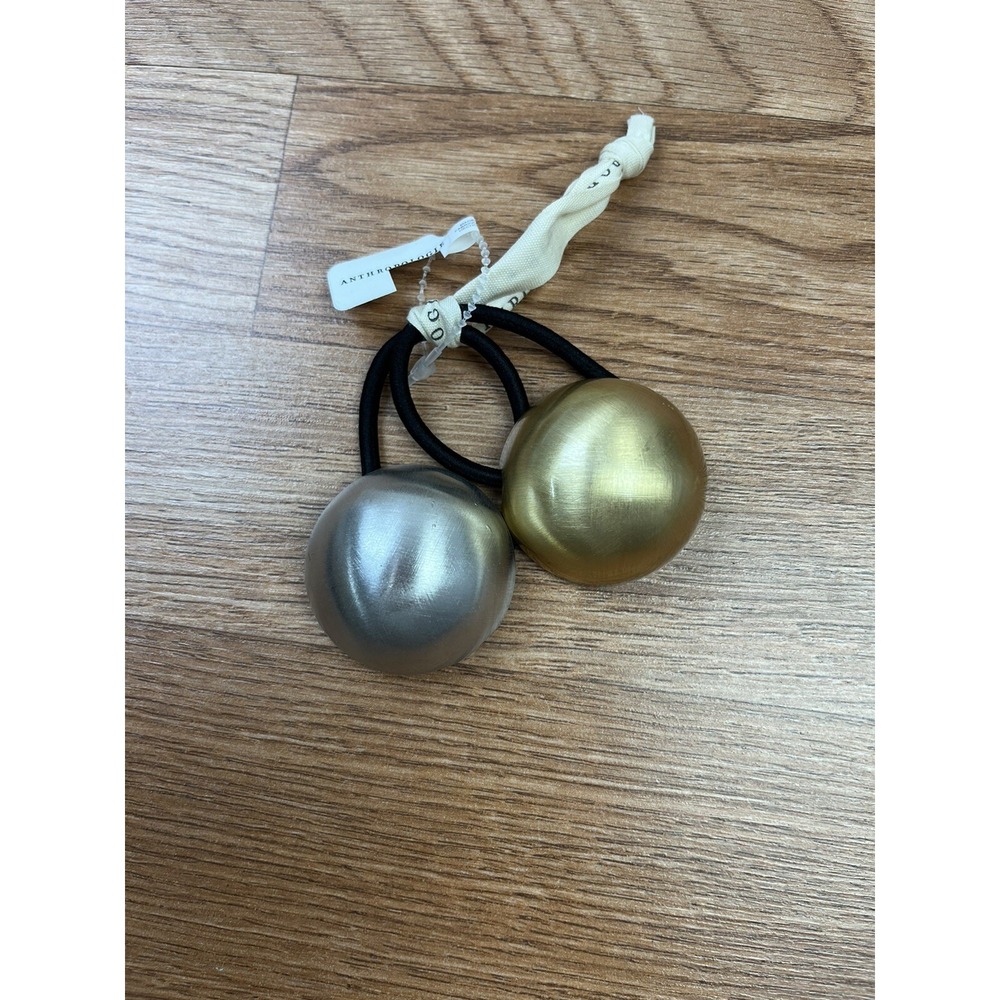 Anthropologie 2 Pack Ponytail Holders Hard Metal Silver Gold Hair Tiesā NEW